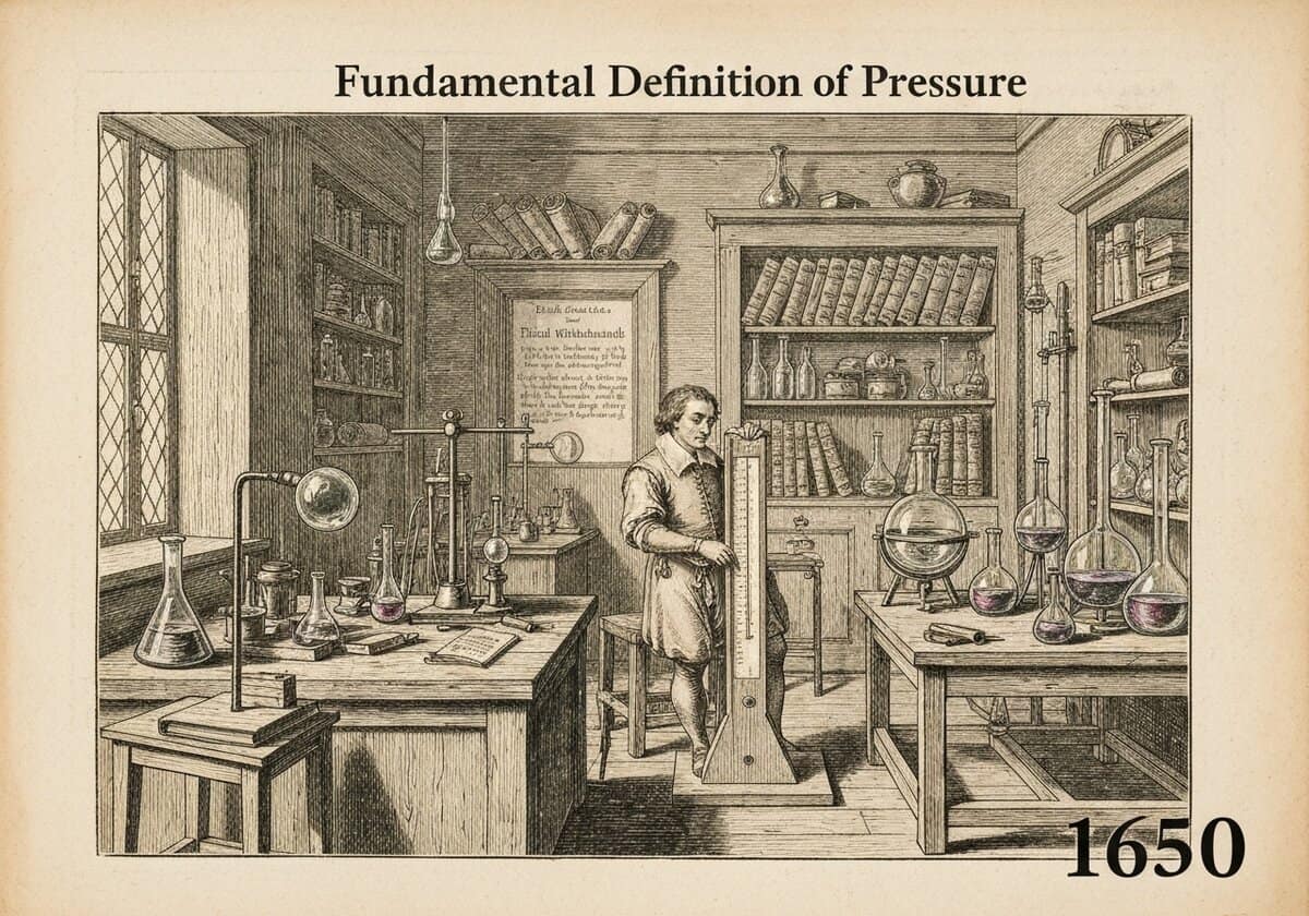 17th-century laboratory measuring pressure with a manometer in fluid mechanics.