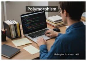 Computer programming workspace demonstrating polymorphism with code snippets.