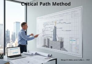 Project manager analyzing Gantt chart for skyscraper construction using Critical Path Method.