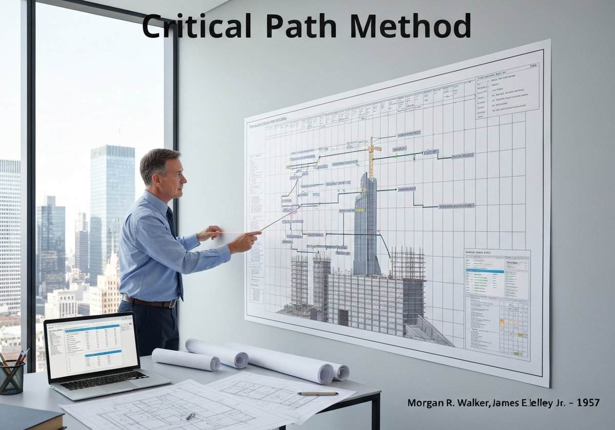 Project manager analyzing Gantt chart for skyscraper construction using Critical Path Method.