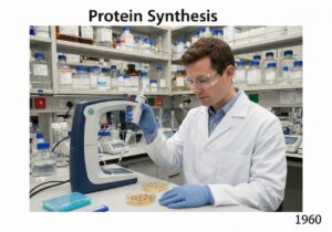 Molecular biologist conducting protein synthesis in a laboratory setting.