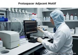 Molecular biologist analyzing DNA sequence with focus on Protospacer Adjacent Motif in a laboratory.
