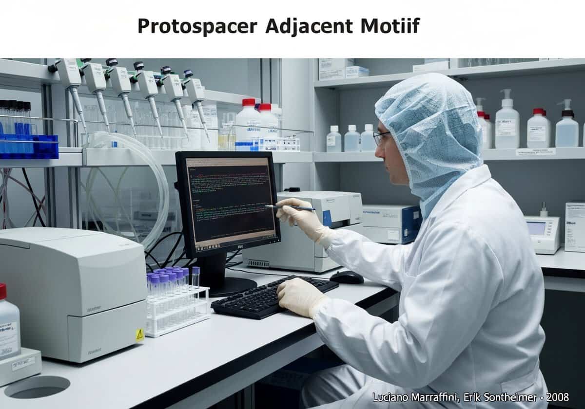 Molecular biologist analyzing DNA sequence with focus on Protospacer Adjacent Motif in a laboratory.