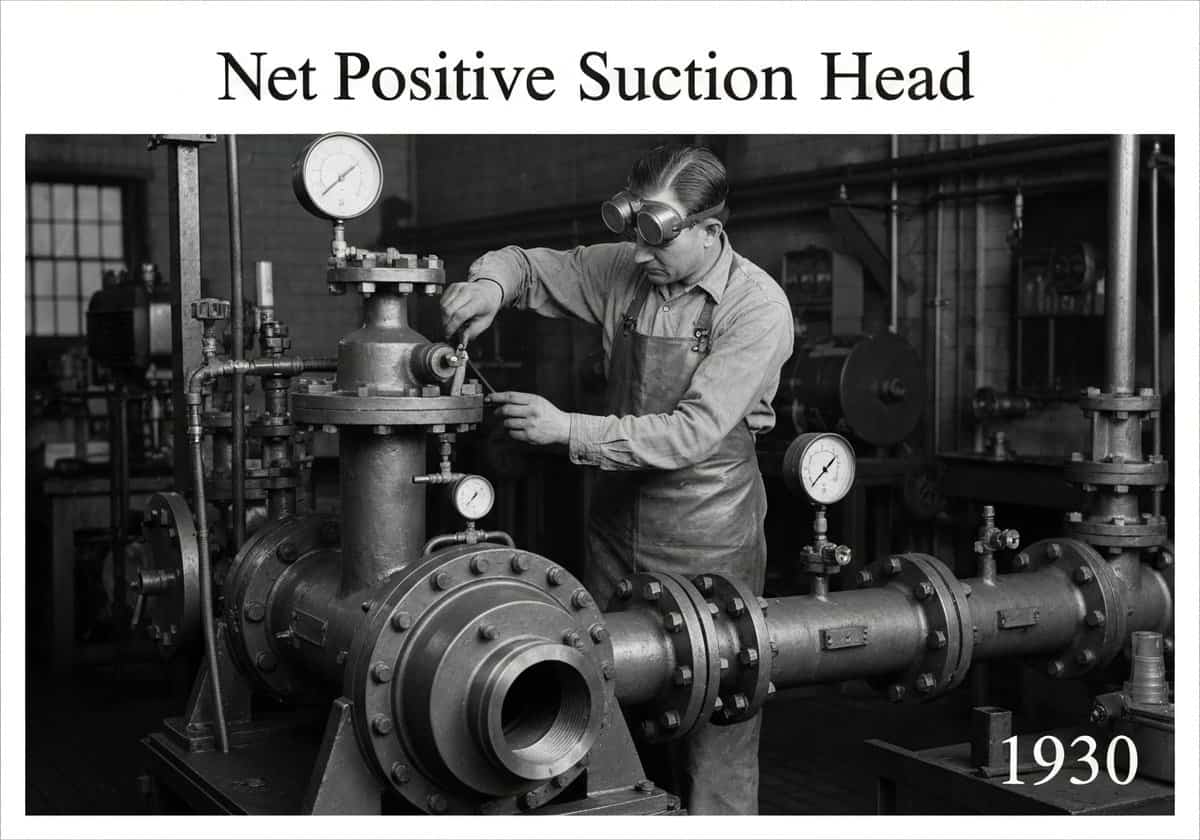 Ingeniero mecánico que evalúa una bomba centrífuga para determinar la altura neta positiva de aspiración en un entorno industrial de los años 30.