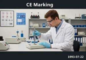 Quality control laboratory with technician inspecting product for CE marking compliance.