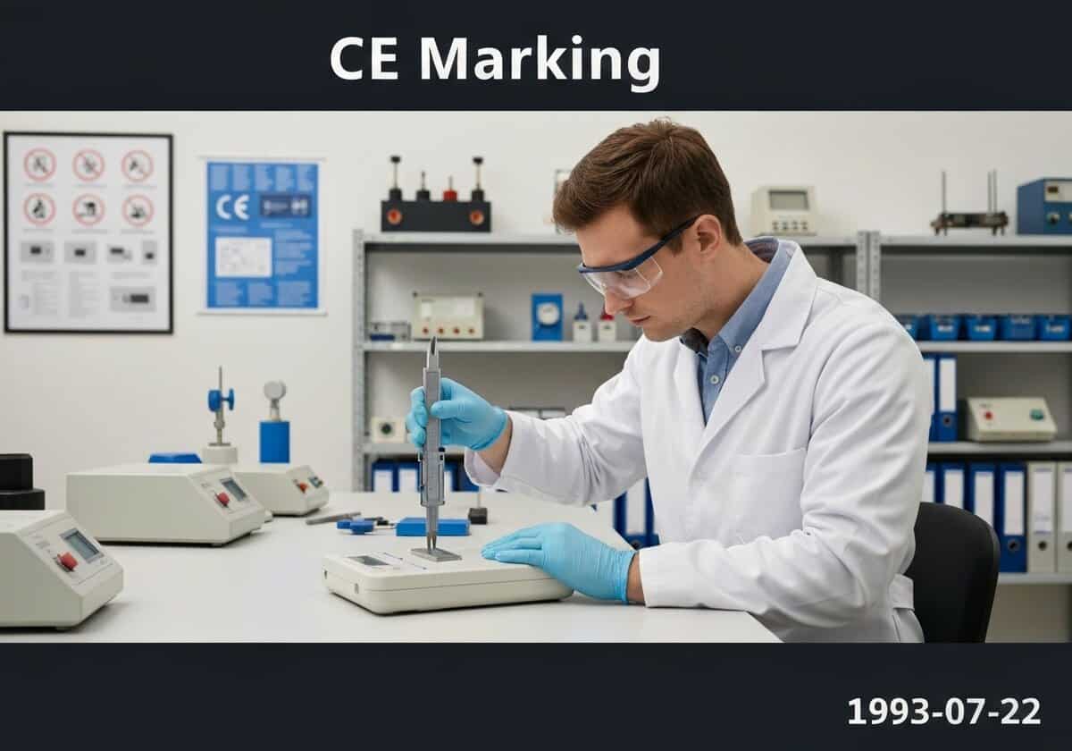 Quality control laboratory with technician inspecting product for CE marking compliance.