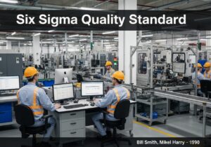 Quality control station in a manufacturing facility implementing Six Sigma methodology.