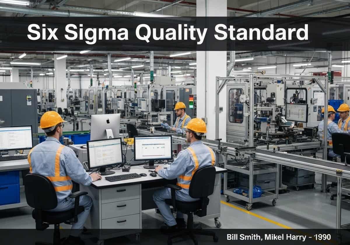Quality control station in a manufacturing facility implementing Six Sigma methodology.