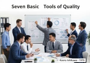 Engineers using Seven Basic Tools of Quality in a workshop for process improvement.