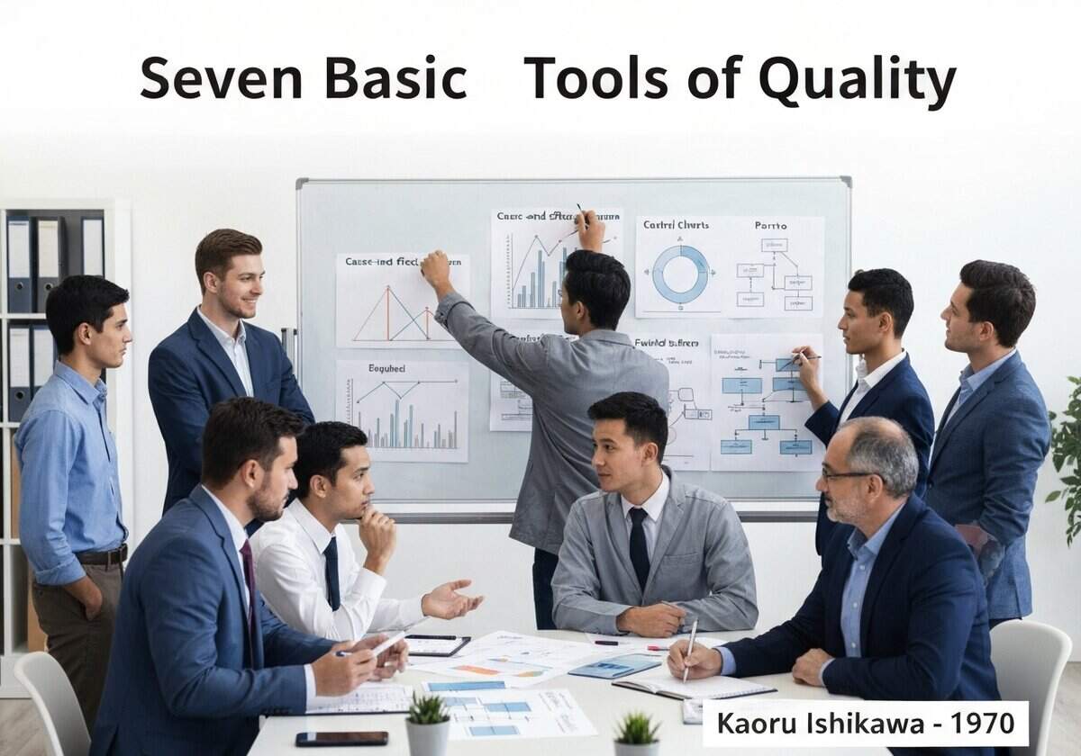 Engineers using Seven Basic Tools of Quality in a workshop for process improvement.