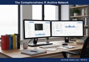 Computer workstation with R programming interface and statistical graphs in software engineering.