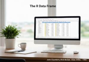 R data frame displayed on a computer screen in a modern office setting.
