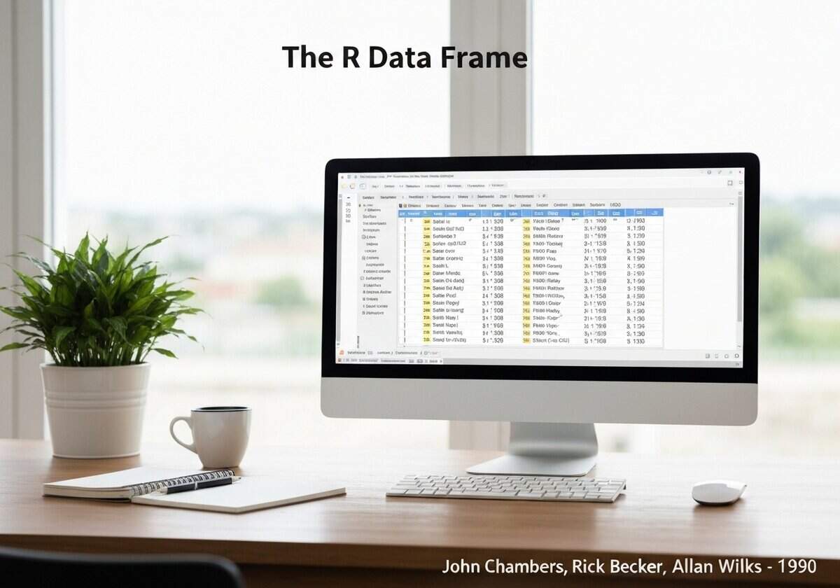R data frame displayed on a computer screen in a modern office setting.