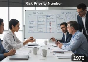Risk assessment meeting with engineers analyzing Risk Priority Numbers in a professional office.
