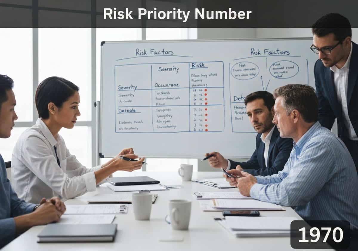 Risk assessment meeting with engineers analyzing Risk Priority Numbers in a professional office.