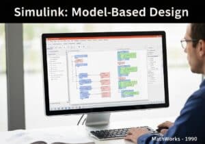 Engineer using Simulink for automotive control system design in a modern office.