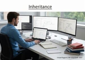 Programmer coding inheritance in object-oriented programming at a modern office.