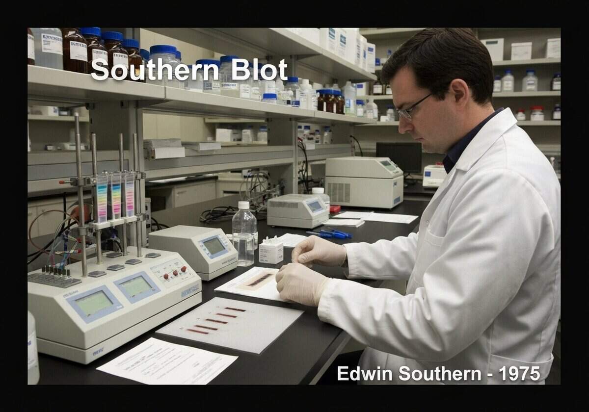 Scena di laboratorio che dimostra la tecnica del Southern blot per l'analisi del DNA in genetica molecolare.