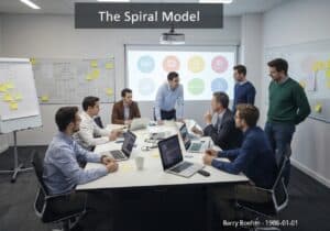 Software engineering team discussing the Spiral Model in a modern office setting.