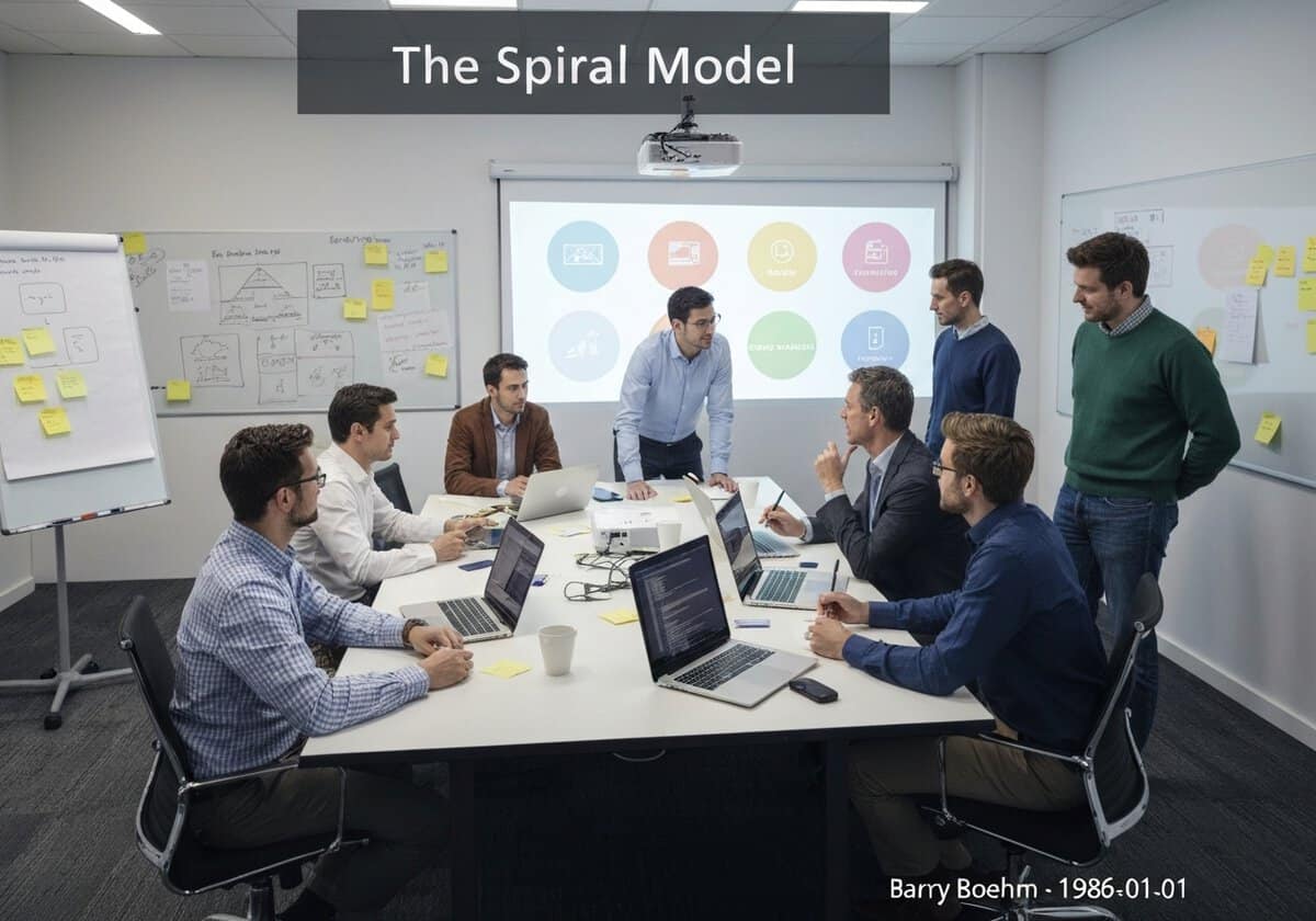 Software engineering team discussing the Spiral Model in a modern office setting.