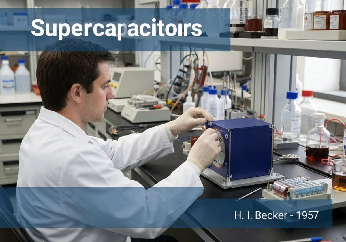 Chercheur analysant un supercondensateur dans un laboratoire d'électrochimie.