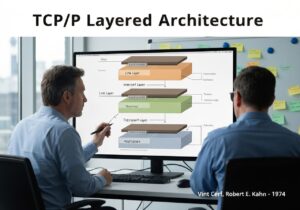 Network engineer analyzing TCP/IP Layered Architecture in a modern office setting.