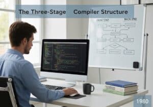 Programmer working on three-stage compiler structure in a software development office.