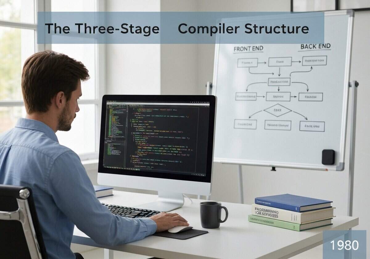 Programmer working on three-stage compiler structure in a software development office.