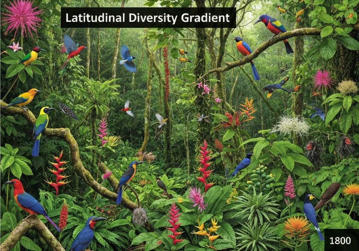 Foresta pluviale tropicale ad alta biodiversità, fondamentale per gli studi di biogeografia.