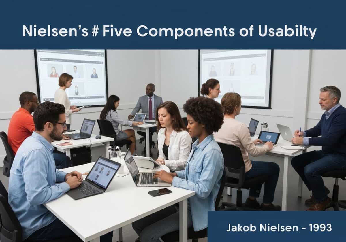 Usability testing lab with participants evaluating digital interfaces in human-computer interaction.