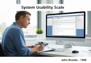 Researcher assessing usability of software using System Usability Scale in an office.