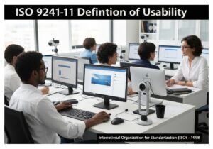 Usability testing lab with users evaluating software applications in human-computer interaction.