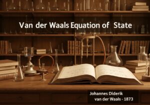 19th-century laboratory with Van der Waals equation and scientific instruments.