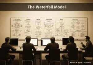 Software engineering office showcasing the Waterfall Model process phases.