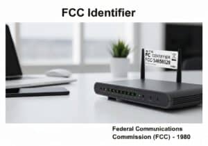Wi-Fi router with visible FCC Identifier label for telecommunications compliance.
