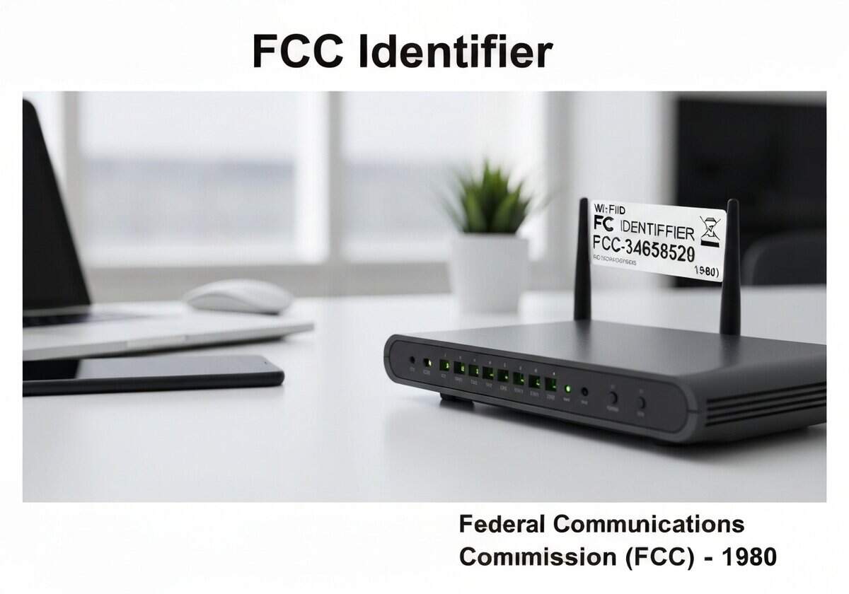Wi-Fi router with visible FCC Identifier label for telecommunications compliance.