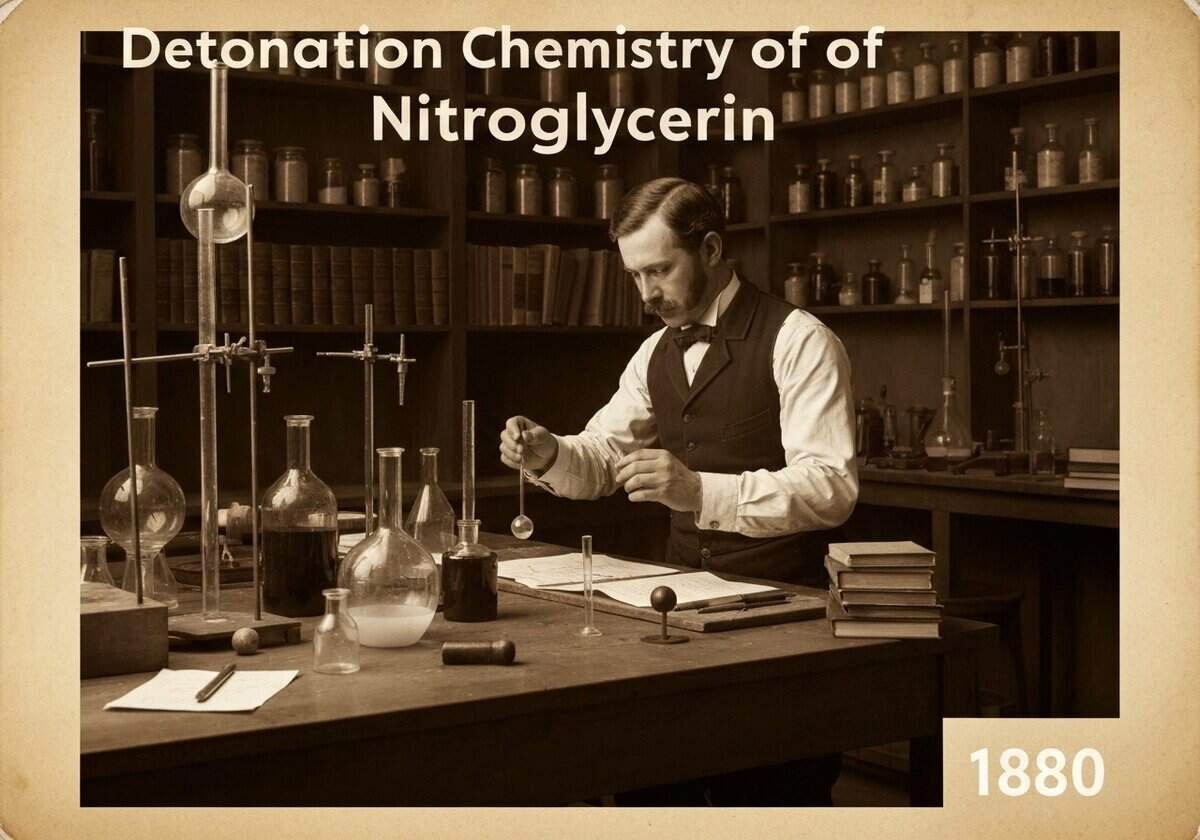 Chemist measuring nitroglycerin in a historical laboratory, physical chemistry.