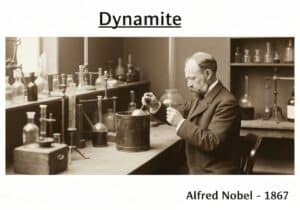 Alfred Nobel mixing nitroglycerin and kieselguhr in a laboratory for dynamite production.