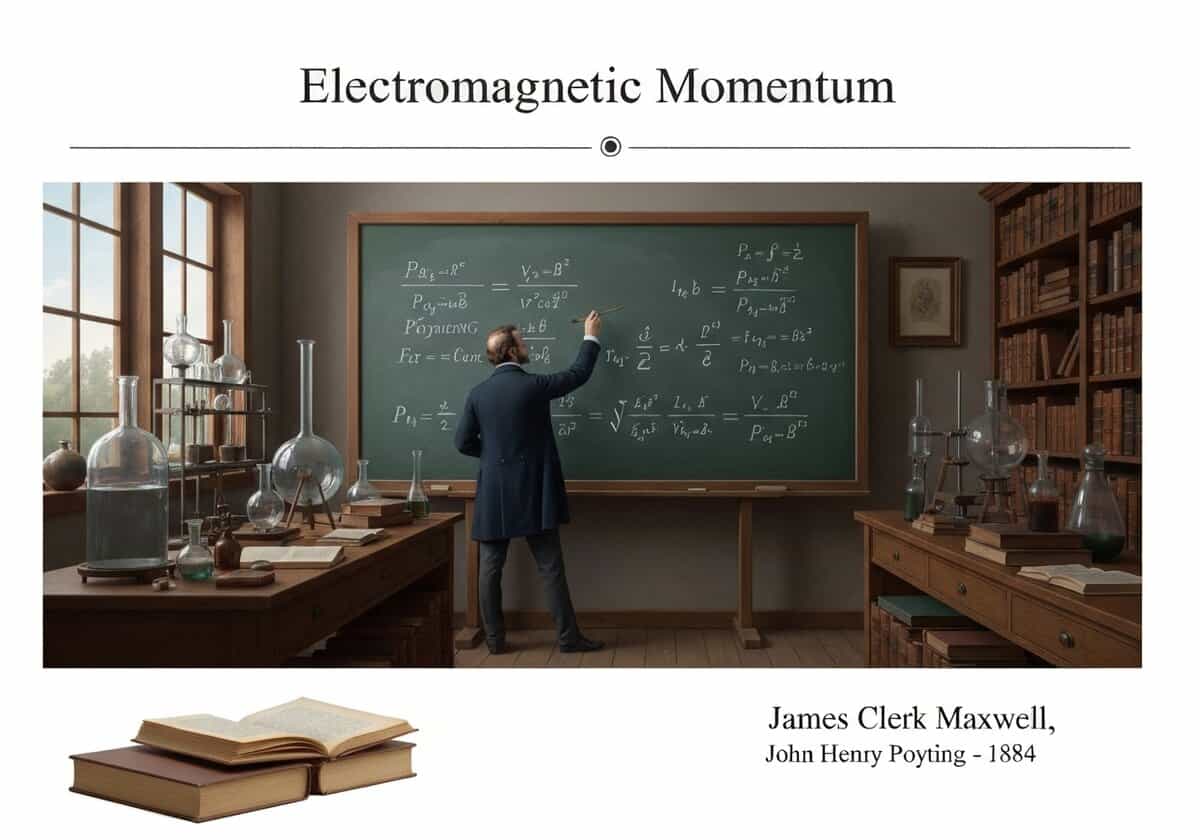 19th-century laboratory with physicist studying electromagnetic momentum and Poynting vector.