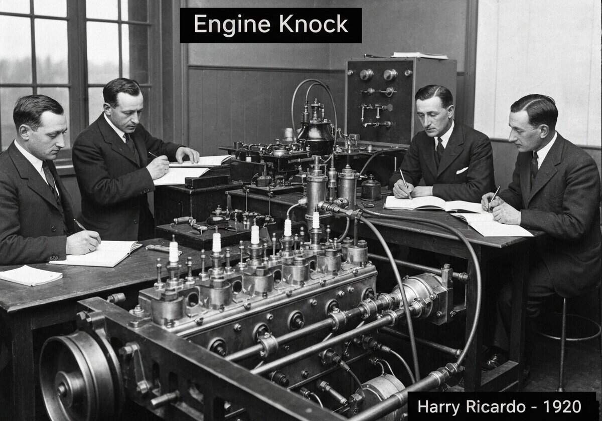 Analyse des Ottomotors in einem Automobillabor der 1920er Jahre mit Schwerpunkt auf der Verbrennungseffizienz.