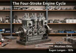 Four-stroke engine showcasing pistons and crankshaft in mechanical engineering context.
