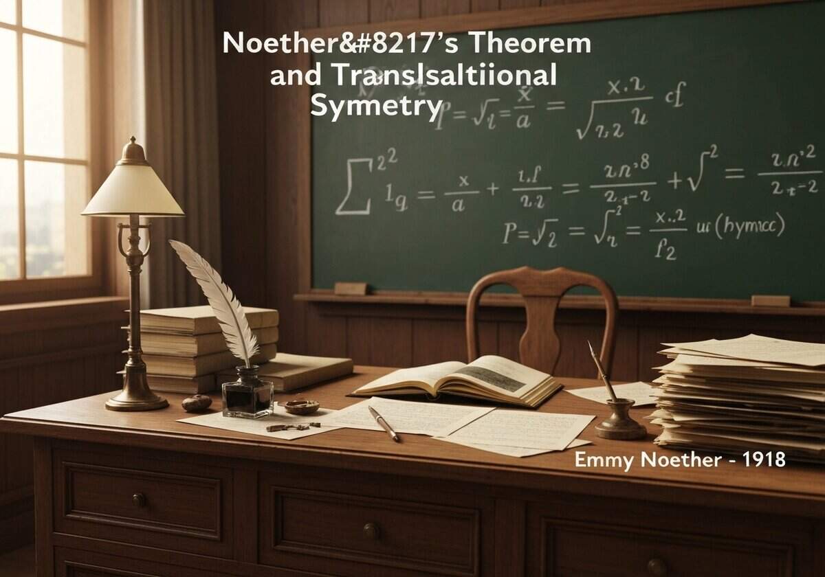 Emmy Noether's workspace illustrating translational symmetry in classical mechanics.