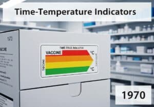 Time-temperature indicator label on vaccine storage box in a laboratory setting.