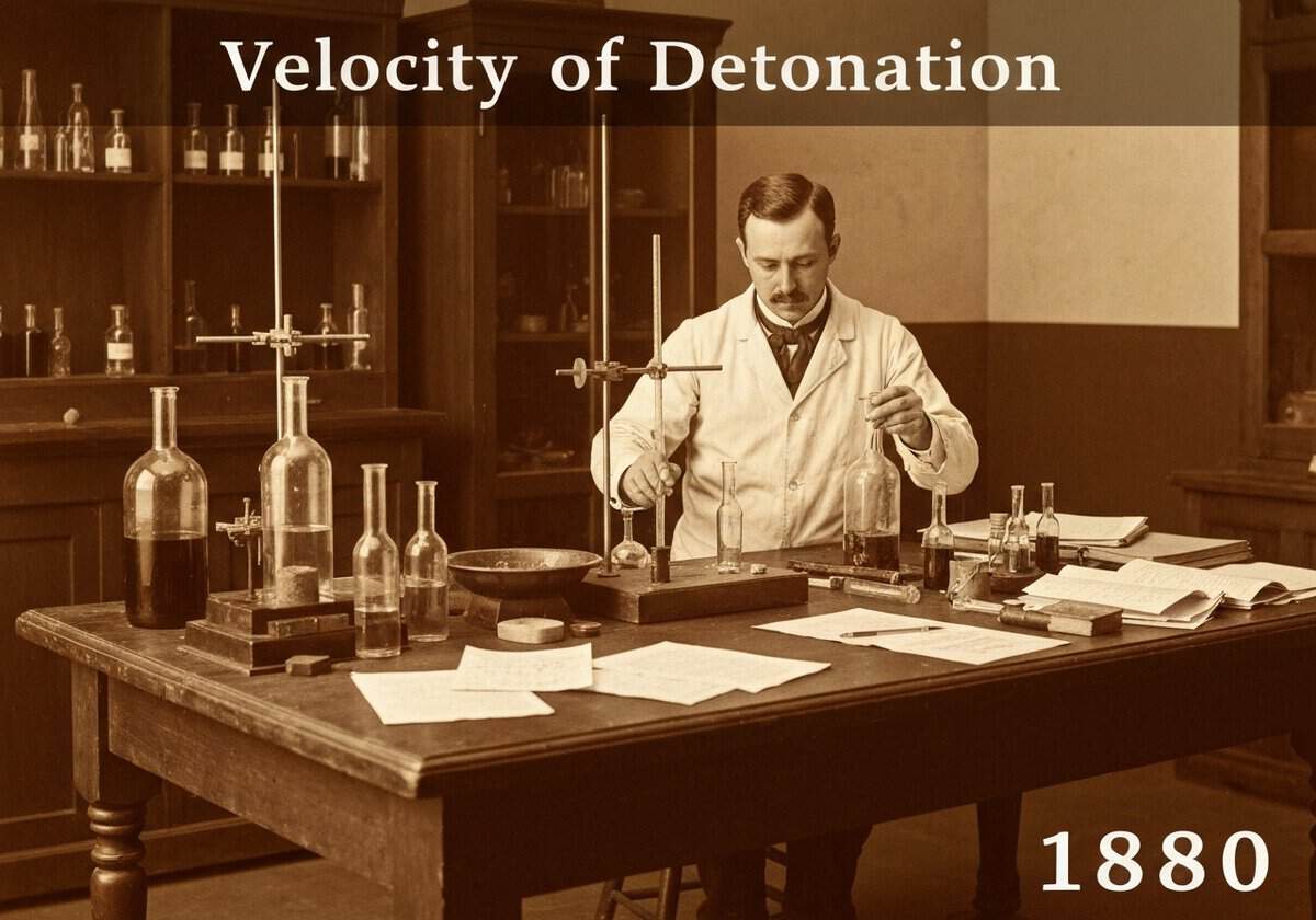 Historical laboratory scene illustrating the study of explosive materials in solid state physics.