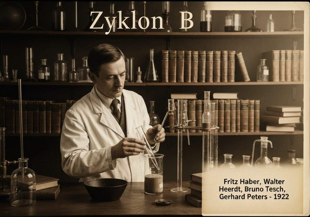 Scena di laboratorio fittizia della preparazione dello Zyklon B con cianuro di idrogeno e terra diatomacea.