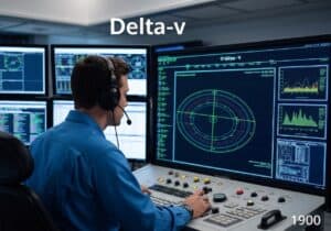 Un ingénieur aérospatial analyse des calculs de delta-v dans une salle de contrôle.