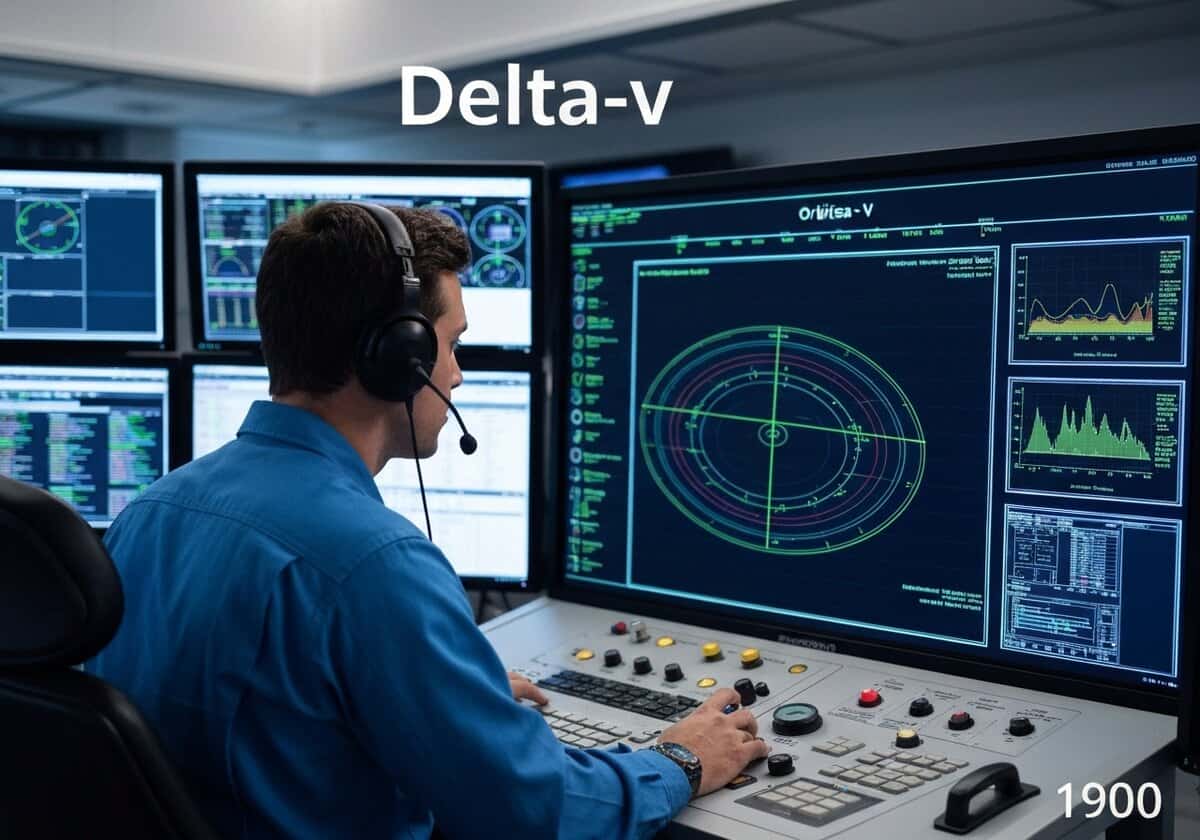 航空航天工程师在控制室分析速度增量计算。