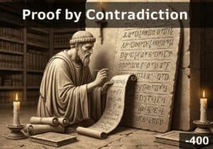 Érudit engagé dans une preuve par contradiction dans une bibliothèque antique.