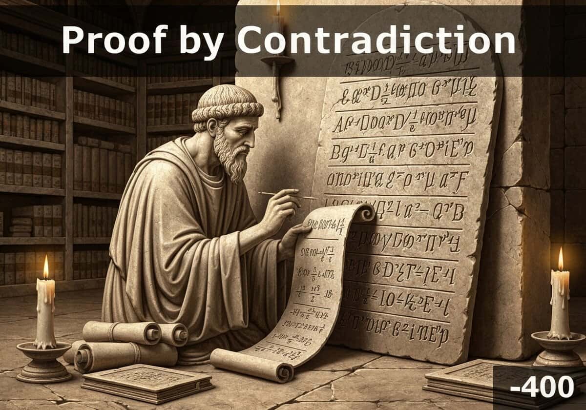 Scholar engaged in proof by contradiction in an ancient library setting.