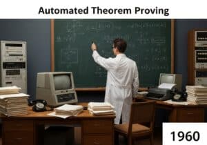 Informático realizando demostraciones automáticas de teoremas en una oficina de la década de 1960.